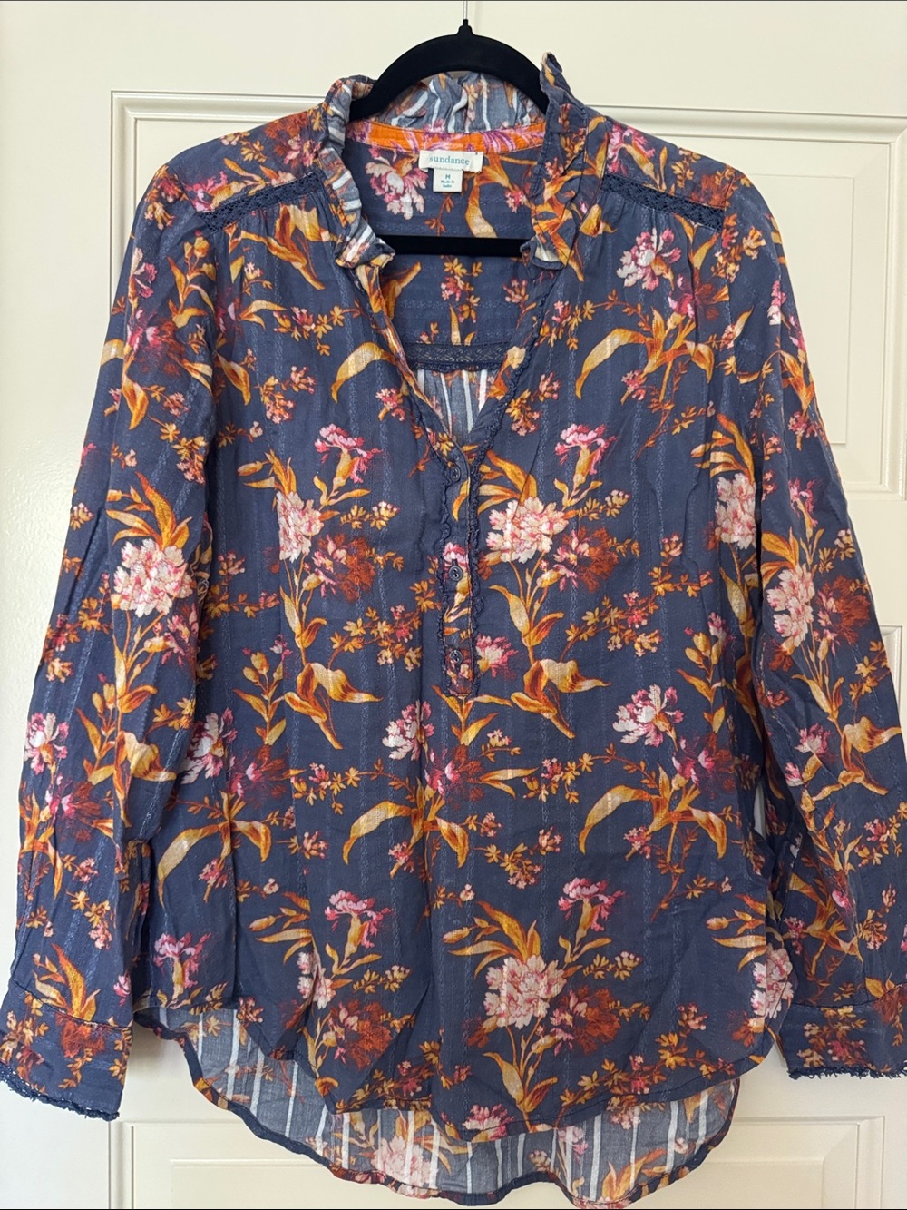 Sundance Navy Floral Ruffle-Trim Peasant Blouse